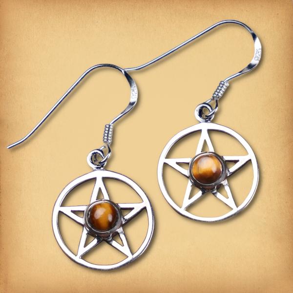 Silver Pentacle Earrings w/ Tiger Eye - ESS-169
