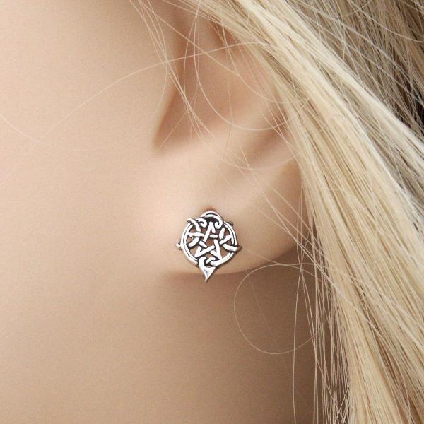 Silver Heart Pentacle Stud Earrings - ESS-3161 picture