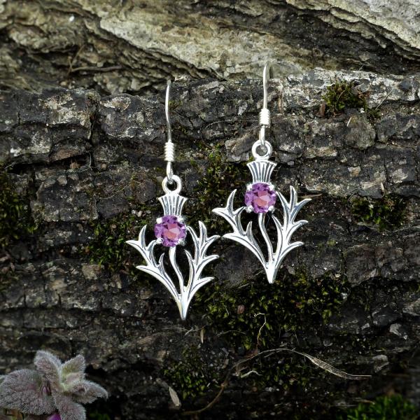 Silver Amethyst Thistle Earrings - ESS-255 picture