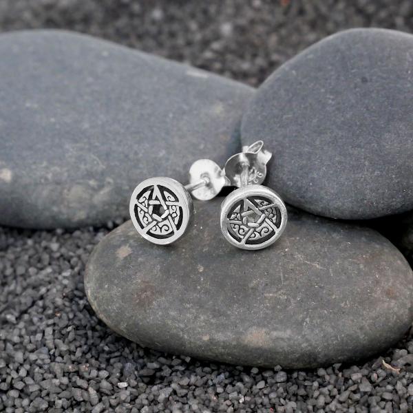 Silver Crescent Moon Pentacle Stud Earrings - ESS-424 picture