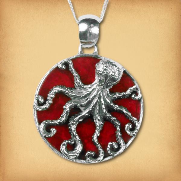 Silver Octopus Pendant with Coral - PSS-216