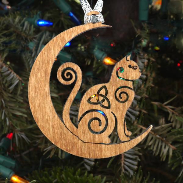 Celtic Moon Cat Wooden Yule Ornament - ORN-D04