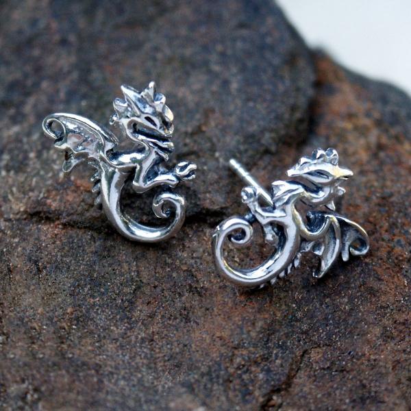 Silver Dancing Dragon Stud Earrings - ESS-651 picture