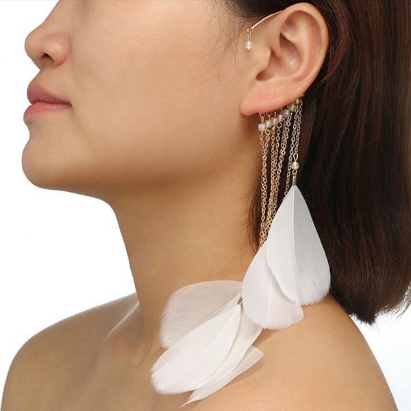 White Feather Dangle Wire Ear Cuff - FTH-E22 picture