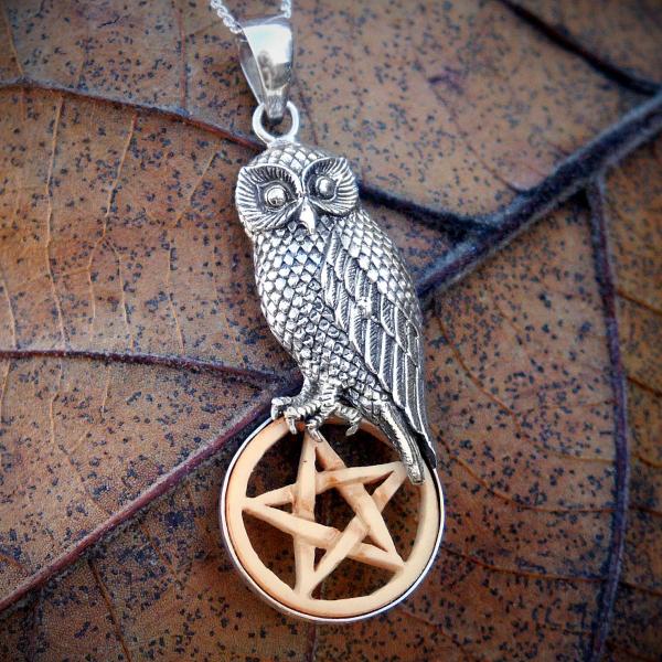 Silver Owl with Bone Pentacle Pendant - PSS-G110 picture