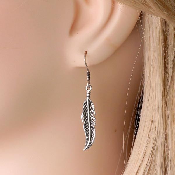 Silver Feather Dangle Earrings - ESS-9703 picture