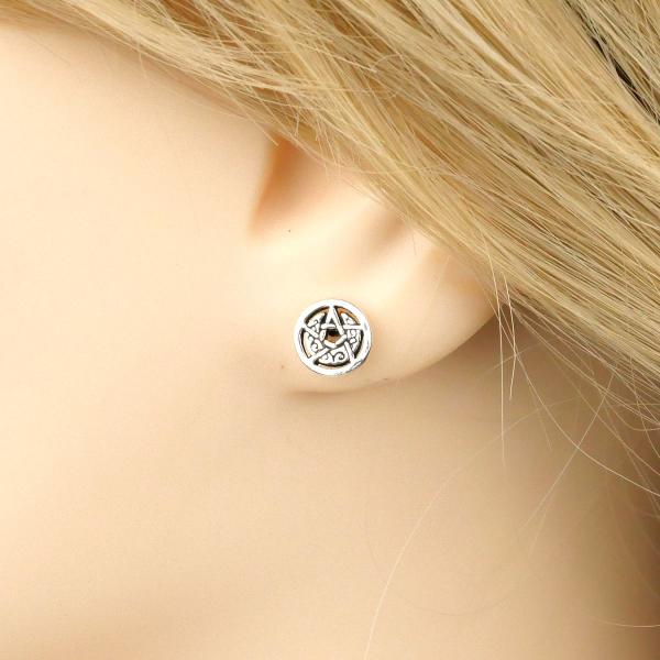 Silver Crescent Moon Pentacle Stud Earrings - ESS-424 picture
