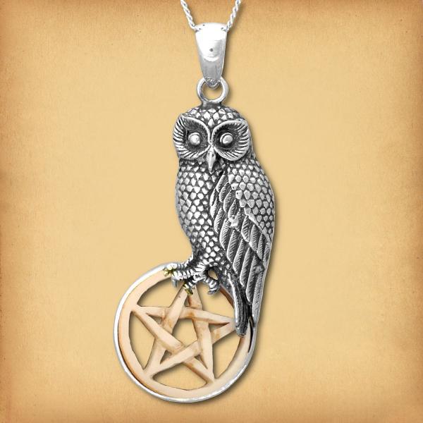Silver Owl with Bone Pentacle Pendant - PSS-G110