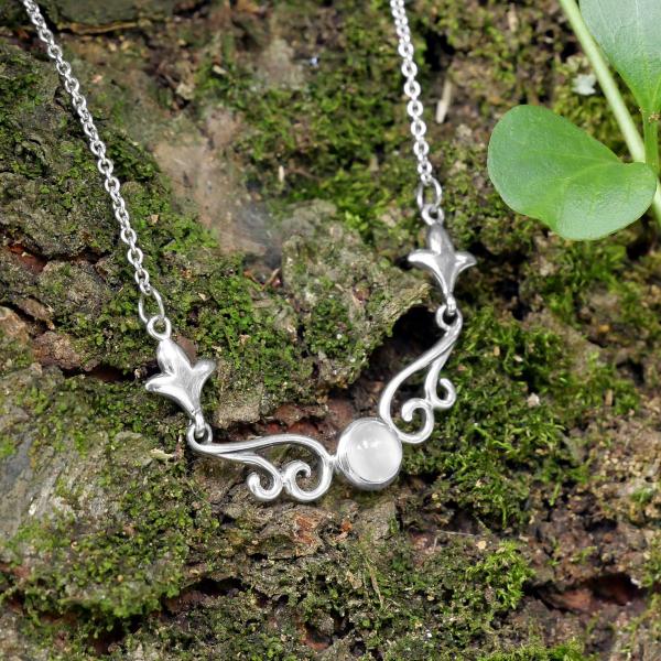 Silver Rainbow Moonstone Scroll Necklace - NEC-152 picture