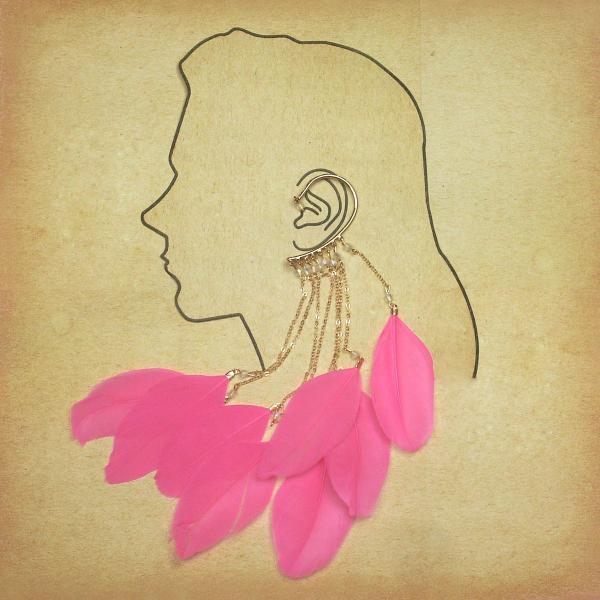 Hot Pink Feather Dangle Wire Ear Cuff - FTH-E24