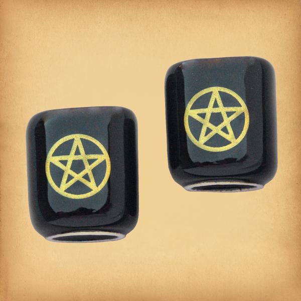 Pair of Plain Black with Gold Pentacles Mini Candle Holders - CAN-606