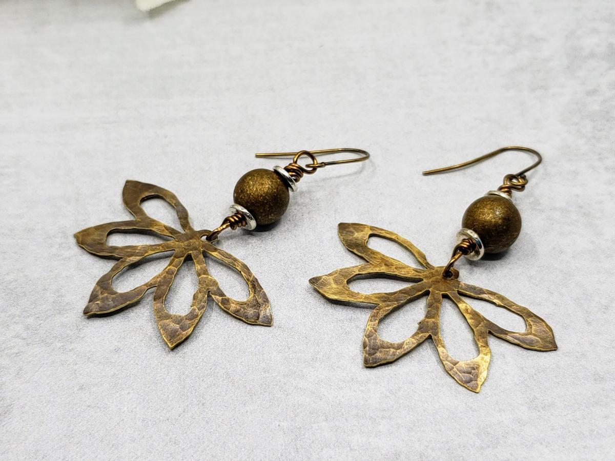 Hand Cut Bronze Flower Earrings picture