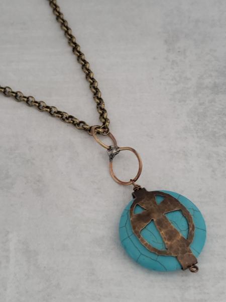 Hand Cut Bronze Cross Stone Wrap - Howlite picture