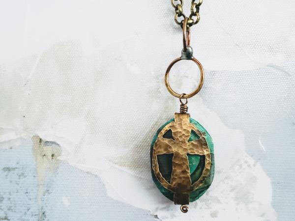 Hand Cut Bronze Cross Stone Wrap - Jasper picture