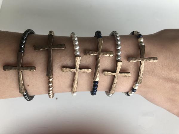 Brass and Swarovski pearl cross bracelets picture