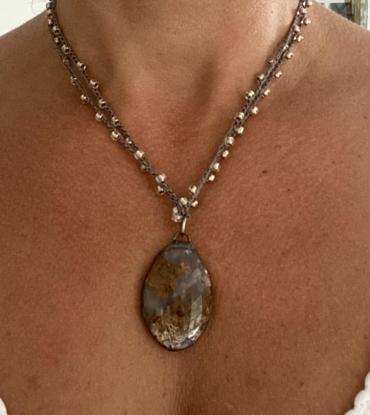 Moss Agate stone pendant on a 36" length adjustable crochet chain picture