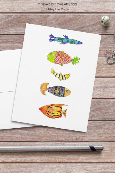 Set of 8 All Occasion Greeting Cards: 5 Fish picture
