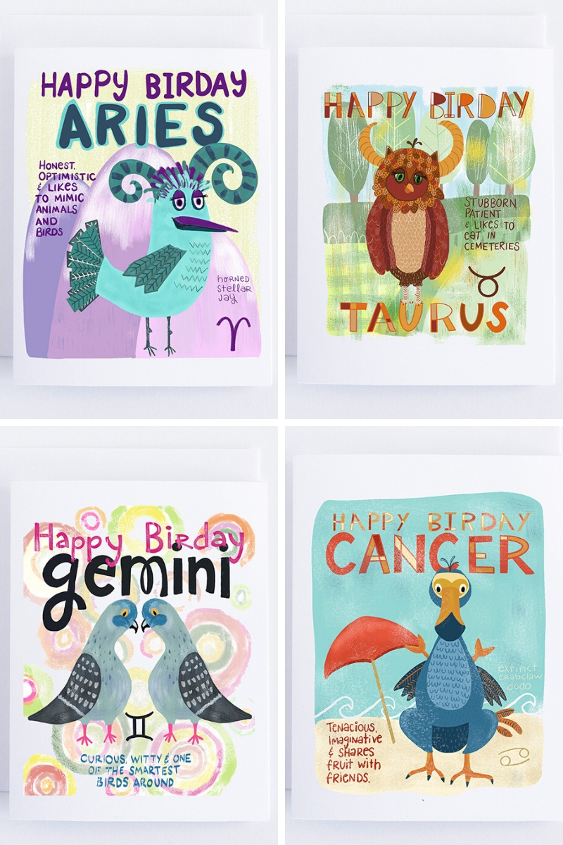 Zodiac Birds: Birthday Card Pack of 12 picture