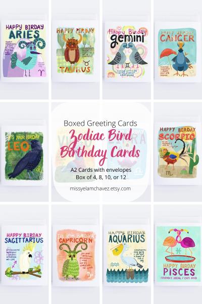 Zodiac Birds: Birthday Card Pack of 12