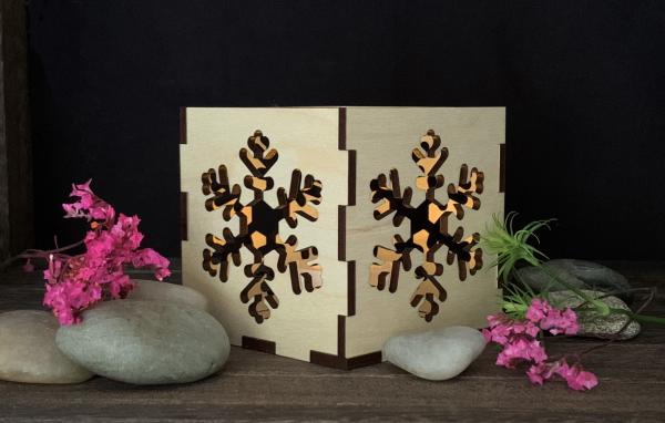 Snowflake LED Maple Wood Tea Light Candle Holder picture