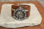 Men's cuff w/skeleton wrist watch tan color