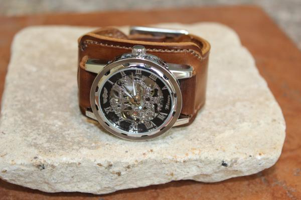 Men's cuff w/skeleton wrist watch tan color picture