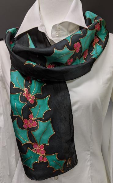 Hand-Dyed Silk Scarf - Holly and Berries Design picture