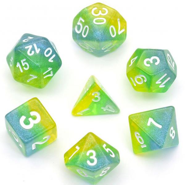 Blue, Green & Yellow Shimmer Layer RPG Dice