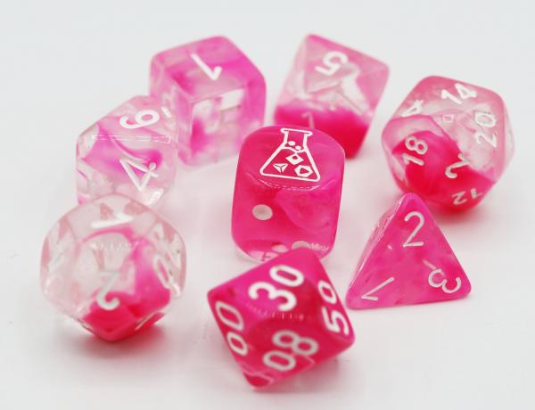 Chessex: Lab Dice 4 - Gemini Clear Pink with White GLOW-IN-THE-DARK picture