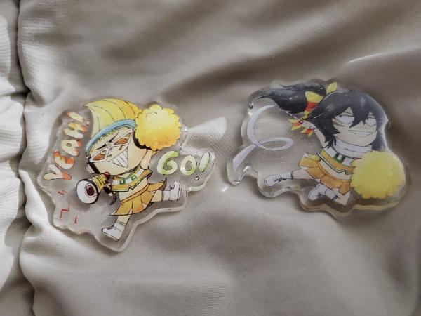 Cheerleader Mic and Aizawa glitter acrylic pins picture