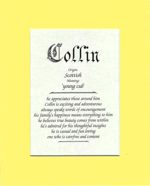 Name origin/meaning, yellow mat, 8 x 10 parchment paper