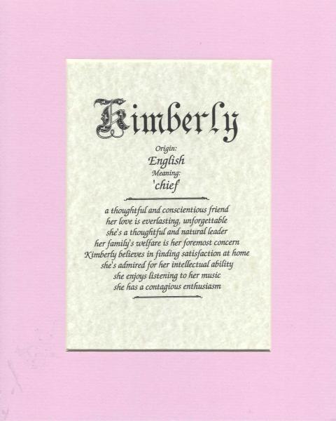 Name origin/meaning, pink mat, 8 x 10 parchment paper