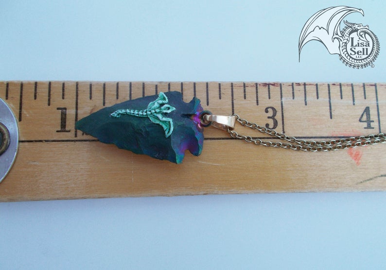 Green Dragon Pendant on Man Made Multi Colored Arrowhead picture