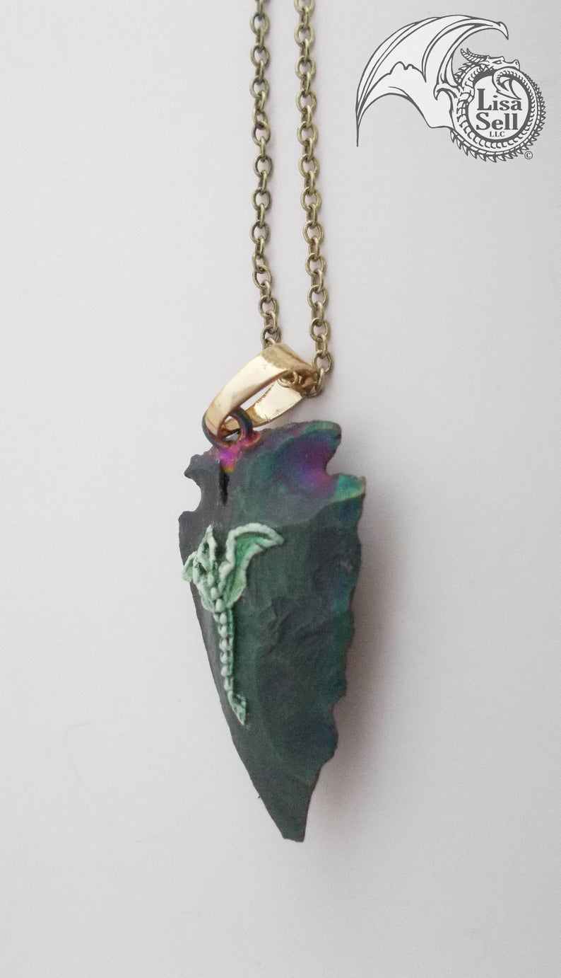 Green Dragon Pendant on Man Made Multi Colored Arrowhead picture