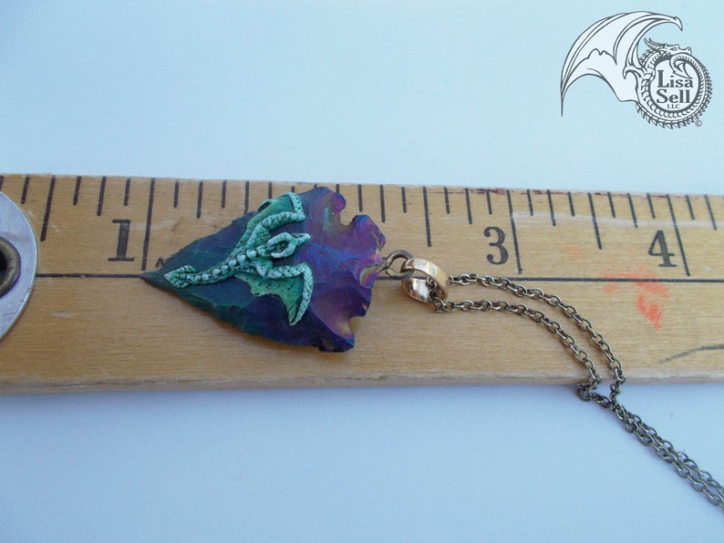 Green Dragon Pendant on Man Made Multi Colored Arrowhead picture