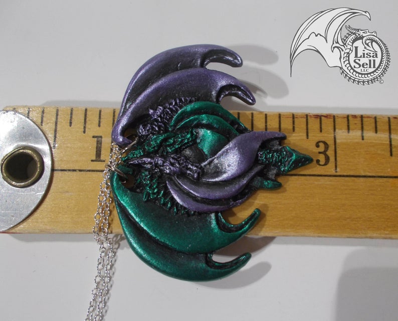 Resin Double Dragon Pendant - Metallic Green & Metallic Purple picture