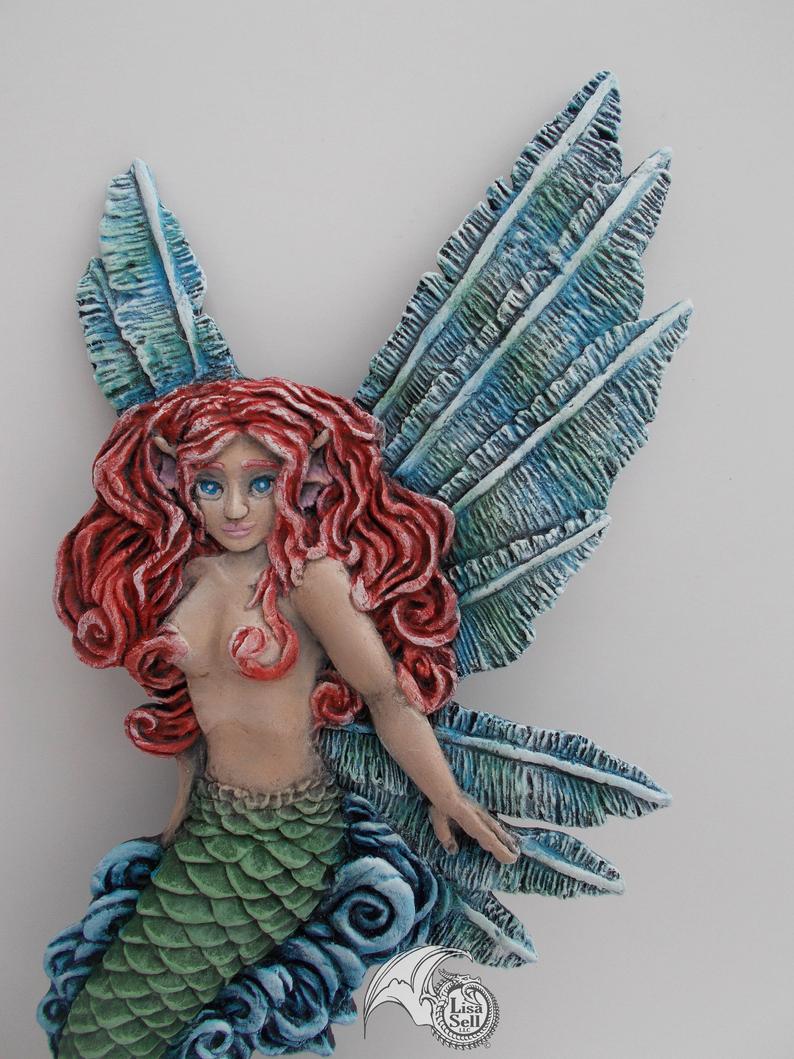Resin Fairy Mermaid Wall Hanging Art - Red & Green picture