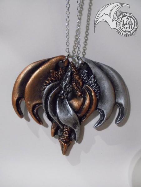 Resin Double Dragon Pendant - Metallic Copper & Metallic Silver picture