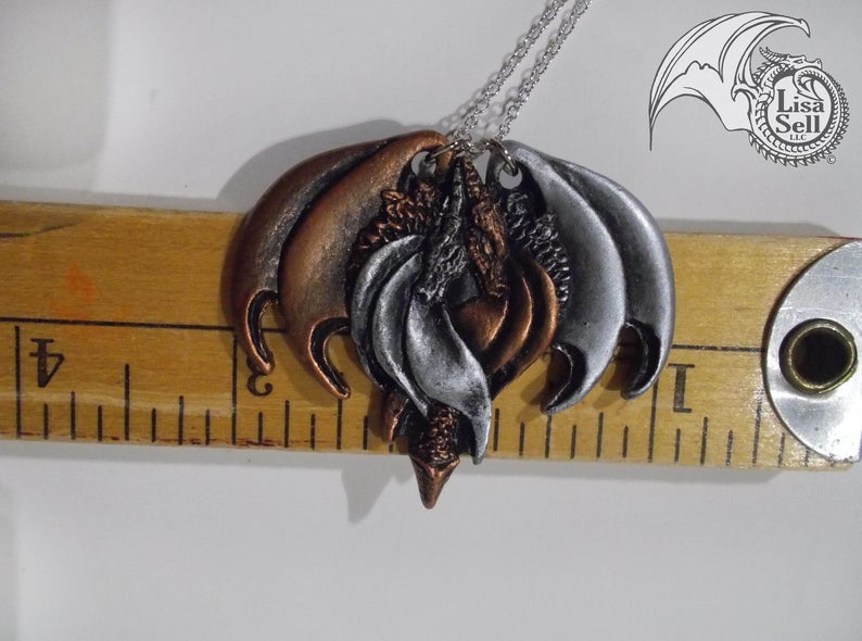 Resin Double Dragon Pendant - Metallic Copper & Metallic Silver picture