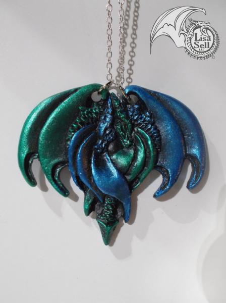 Resin Double Dragon Pendant - Metallic Green & Metallic Blue picture