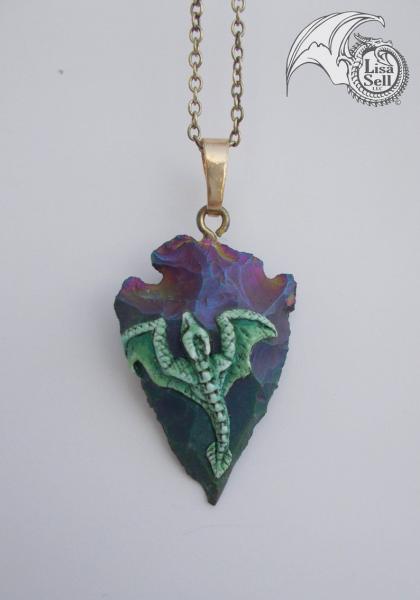 Green Dragon Pendant on Man Made Multi Colored Arrowhead picture