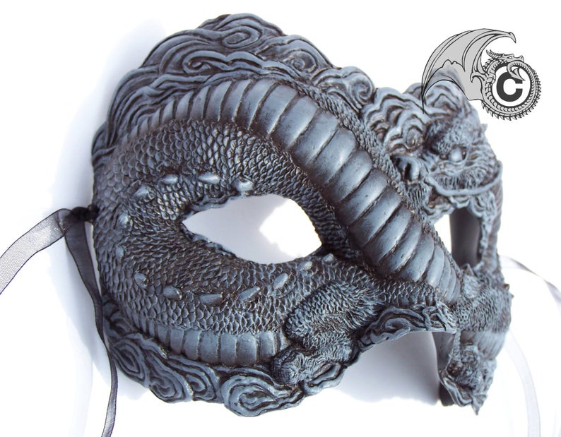 Asian Inspired Dragon Mask - Grey & Black picture