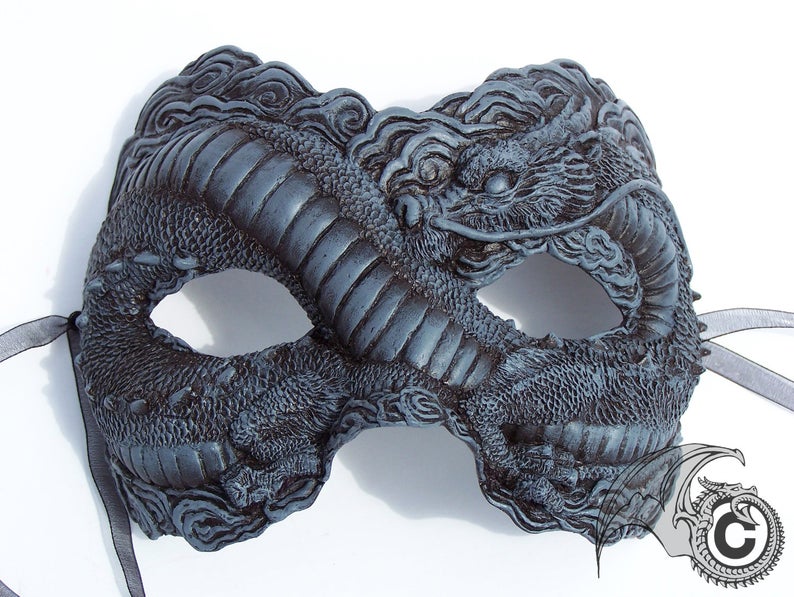 Asian Inspired Dragon Mask - Grey & Black