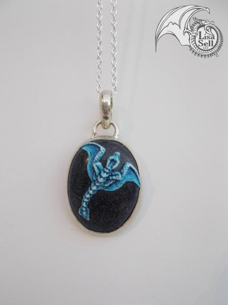 Blue Dragon on Very Sparkly Dark Gold Stone Pendant picture