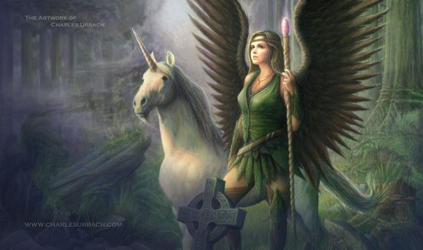 Gaming Play Mat Unicorn Celtic Angel Ranger Female Lady of the Forest Warrior CCG TCG LCG Card Game picture