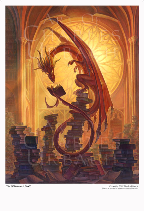 Fantasy Art Print 13"x19" Dragon Library Wizard Fantasy Magic Spell Book Reading picture
