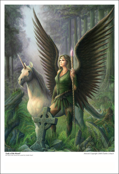 Fantasy Art Print 13"x19" Celtic Angel Ranger Unicorn Lady of the Wood Woman Witch Sorceress Priestess Forest