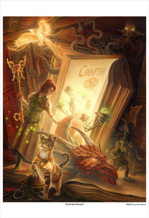 Fantasy Art Print 13"x19" Dragon Cat Steampunk Library Fairy Goblin Cthulhu Fantasy Magic Book Reading picture