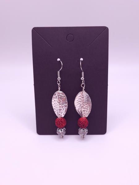 Sterling silver leaf earrings with red lava stone