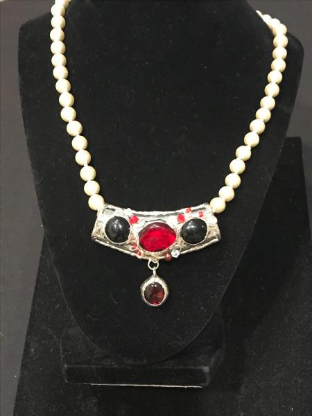 Necklace - Red/Black Scarf Slide on Water Pearls